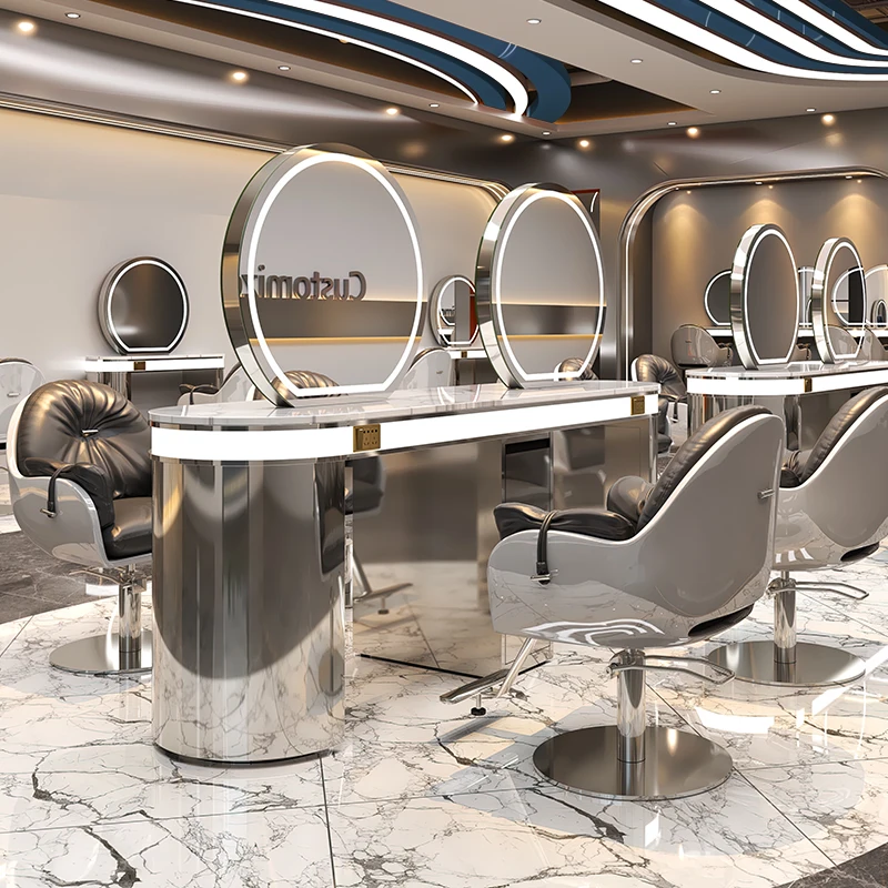 

Barber shop mirror table hair cutting mirror hair salon stainless steel marble dyeing and ironing table integrated with lamp