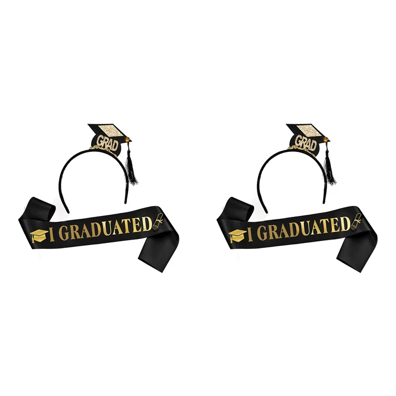 

【Limited-Stock!】2Set Grad Cap Headband Graduated Satin Sash 2024 Graduation Party Decoration Supplies Photo Props Mini Bachelor