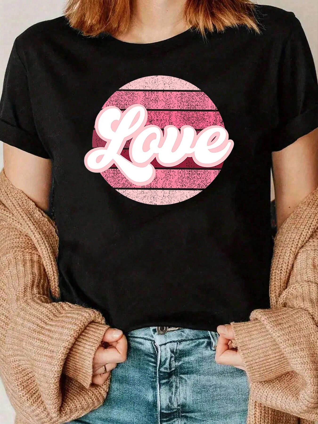 Love Print Round Neck T Shirt Casual Wear Women 220g