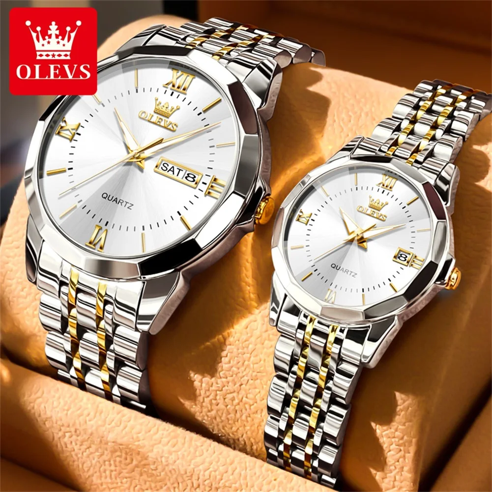 OELVS Couple Watch Luxury Wristwatch Stainless Stee Waterproof Date Week Stainless Steel Watch Bands masculino Couple Gift 9989