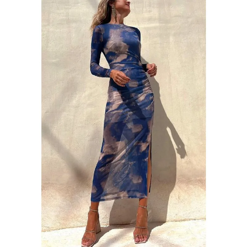 

Women's Sexy Mesh See-through Printed Dress 2023 New Autumn Dress Women's Fashion Long Sleeve Round Neck Slim Fit Slit Dress