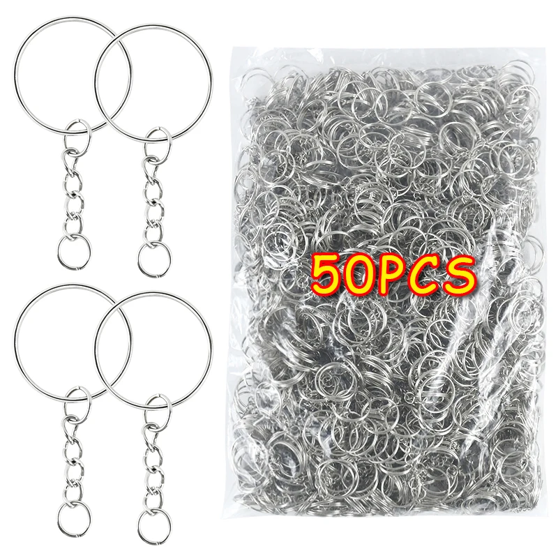 50pcs Split Key Ring With Chain And Jump Rings Stainless Steel Hole Flat Key Ring DIY Jewelry Pendant Buckles Polished Keychains