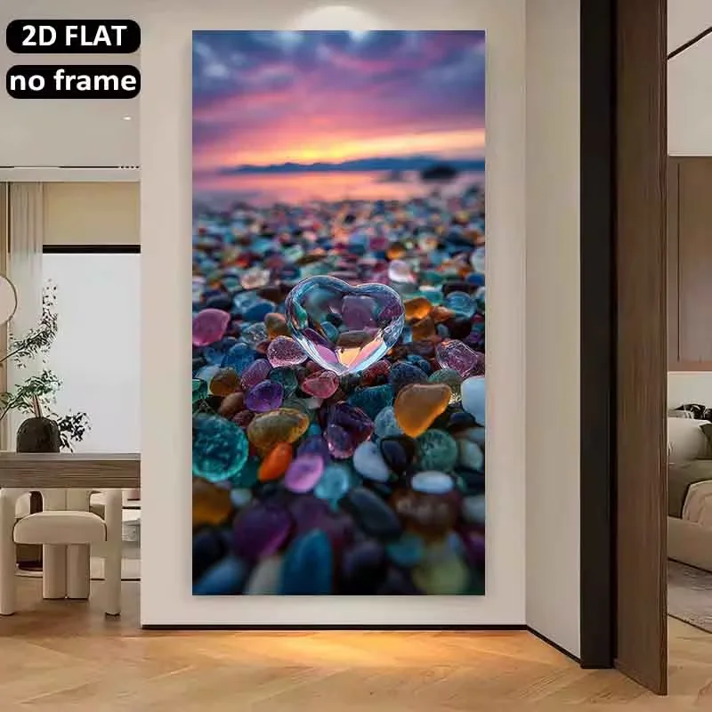 2D Flat, 2D/Flat 1pc 31.49X62.99in/80X160cm UnFramed Large Canvas Printing Heart-shaped Glass on Colorful Pebbles.Suitable for L