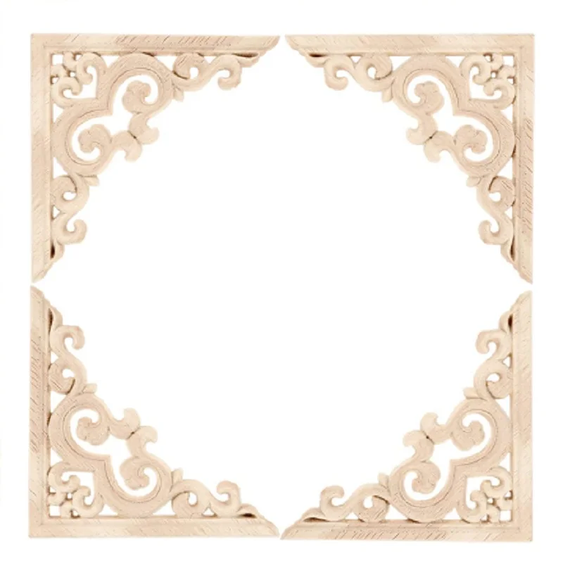4Pcs Wood Carved Applique Corner Onlay 11x11cm Unpainted Furniture Decals for Cabinet Cupboard Corner Door Bed Home Decoration
