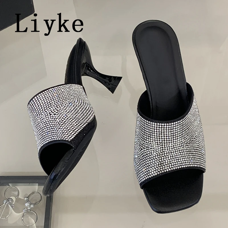 

Liyke Fashion Glitter Rhinestones Women Slippers Sandals Outdoors Street Sexy Square Toe Thin Kitten Heels Mules Slides Shoes