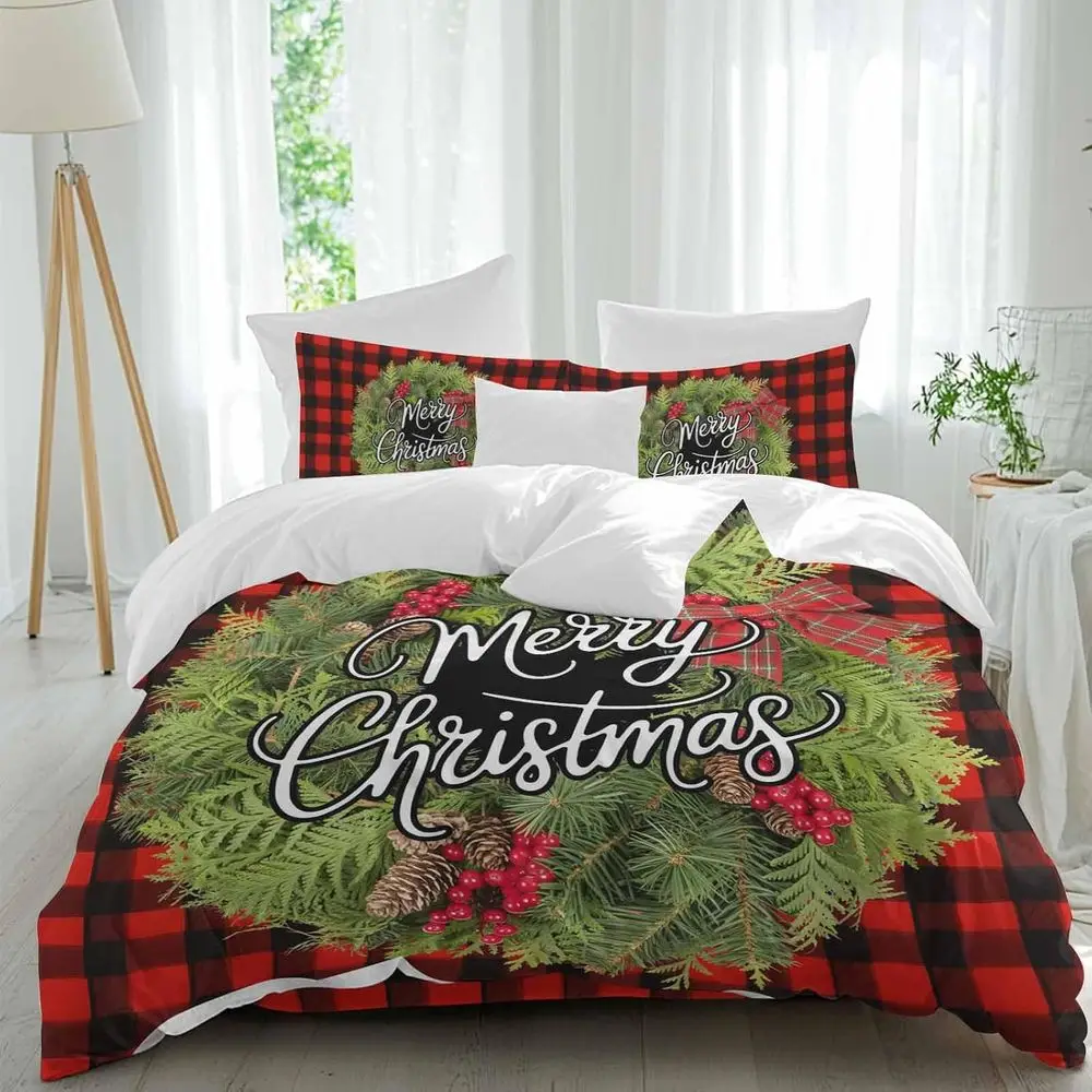

Merry Chrisas Sheet Set, Xmas Wreath Pine Cone Bowknot Berry Plaid 4 Pieces Breathable Sot Duvet Cover Set Bedding Cozy Bed lat