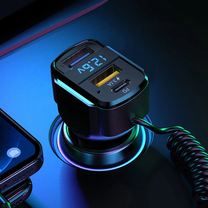 

1PC 65W Car Charger Quick Charge QC3.022.5W Type C Car USB Quick Charge 3 In 1 Charging Cable 7 Colours RGB Lights For Phone