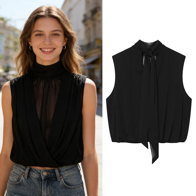 Top Feminino 2026 Nova Moda Primavera Verão Preto Sem Mangas Plissado para Mulheres Casual Chique