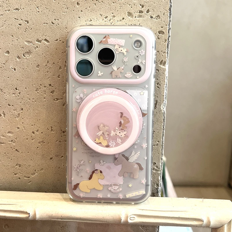 

Kawaii Cartoon Horse Flower Painting Magnetic Phone Case For iPhone 17 Pro 16 15 14 Pro Max Cover with Magsafe Stand Cute Cases