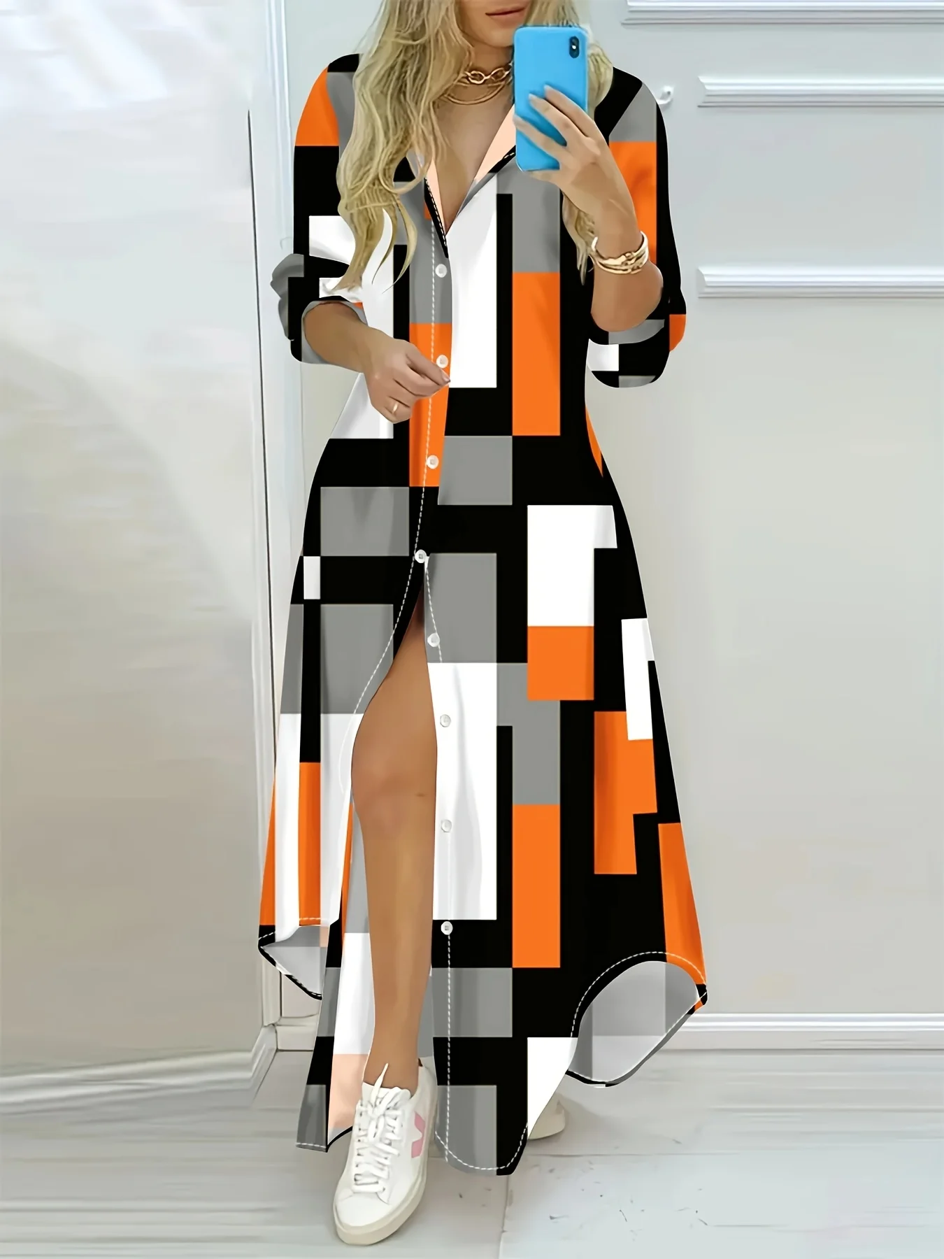 Damen-Kleid mit langen Ärmeln, Urlaubsstil, Orange, Grau, Schwarz, Weiß, geometrischer Druck, A-Linie, Midikleid, lässig, Sommer- und Herbstmode