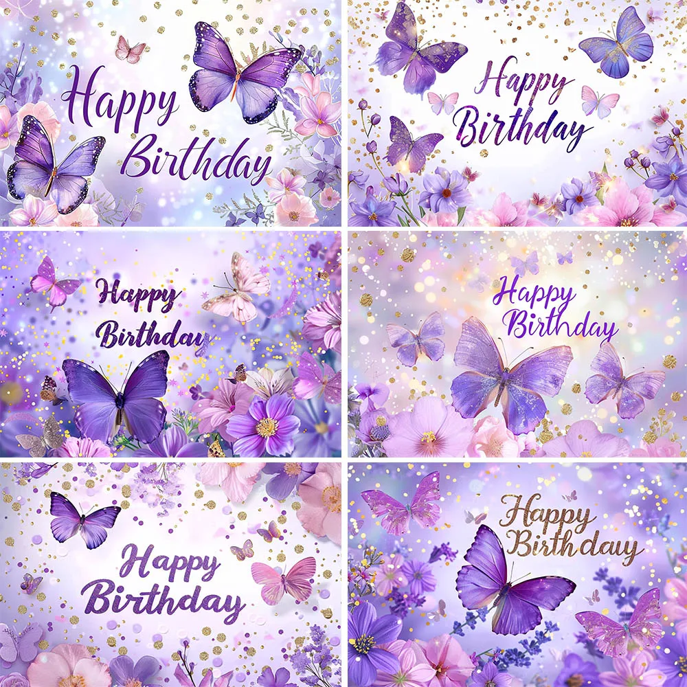 

Mocsicka Girl Birthday Background Purple Butterfly Flowers Gold Polka Dots Fantasy Baby Kids Birthday Party Decor Photo Backdrop