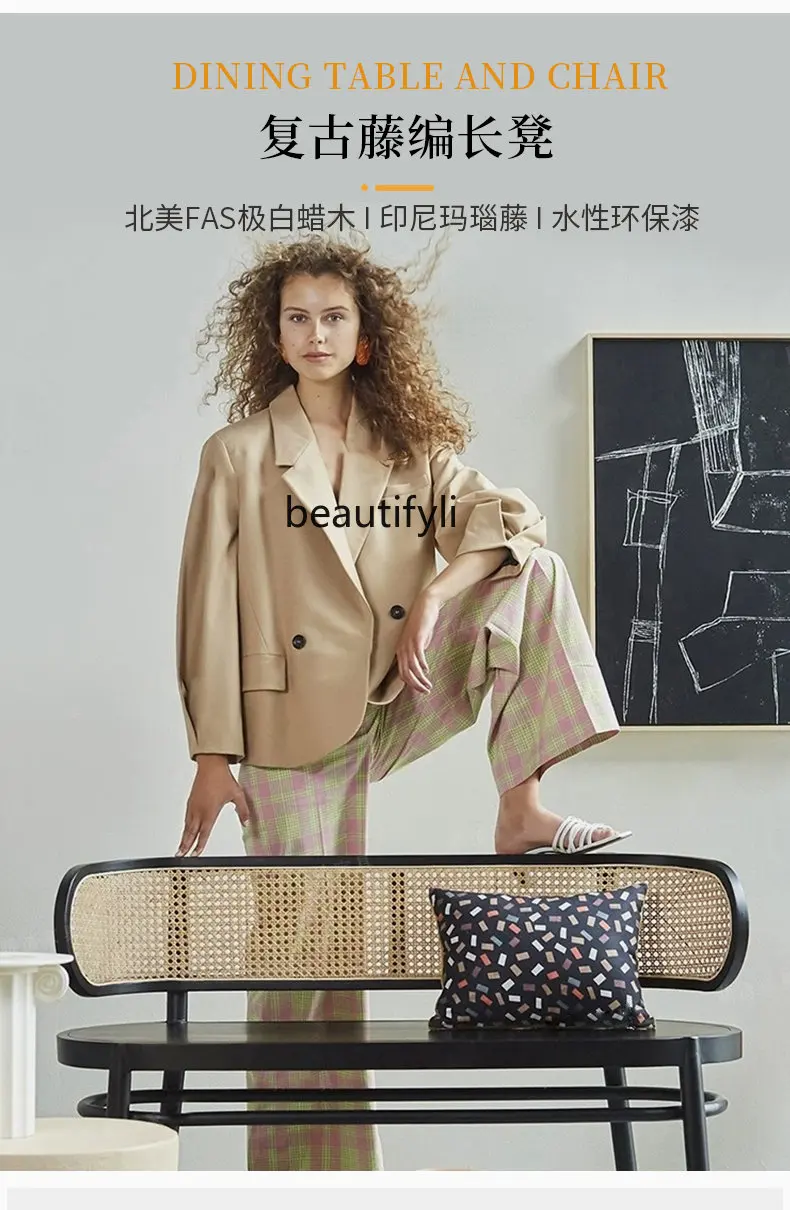 Massivholz Retro Doppel Rattan Stuhl Silent Style Log lange Bank Freizeit Rückenlehne Rattan Couch