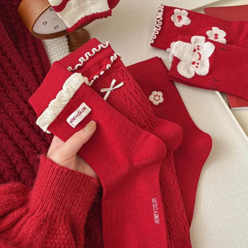 جوارب حمراء لاكي بدون خياطة - جوارب متوسطة الساق بتصميم على شكل فيونكة من Miu، هدية السنة الصينية الجديدة للنساء 2026 #2