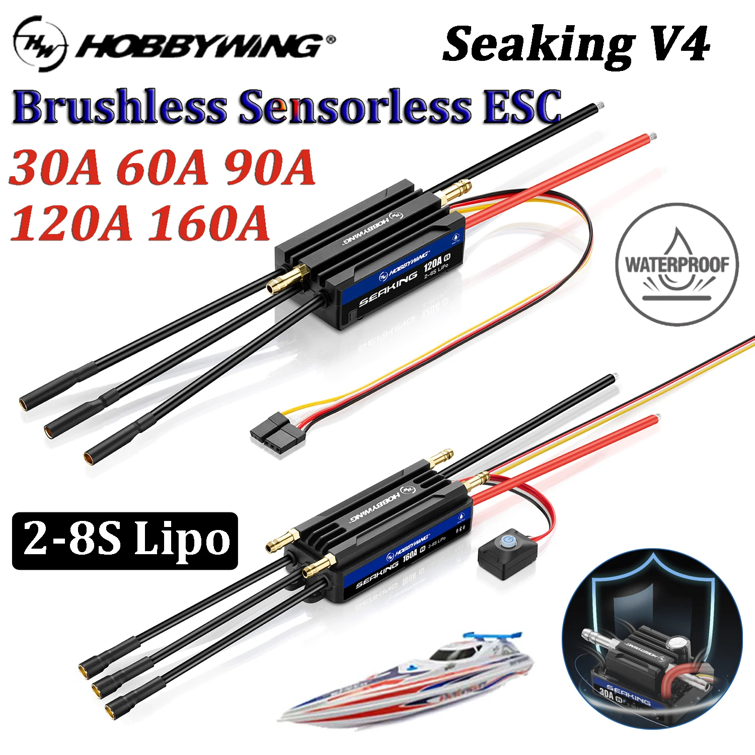 HOBBYWING Seaking Brushless Sensorless 160A 120A 90A 60A 30A V4 ESC 2-8S  lP67 Fully Waterproof Design for RC Ship Boats Model