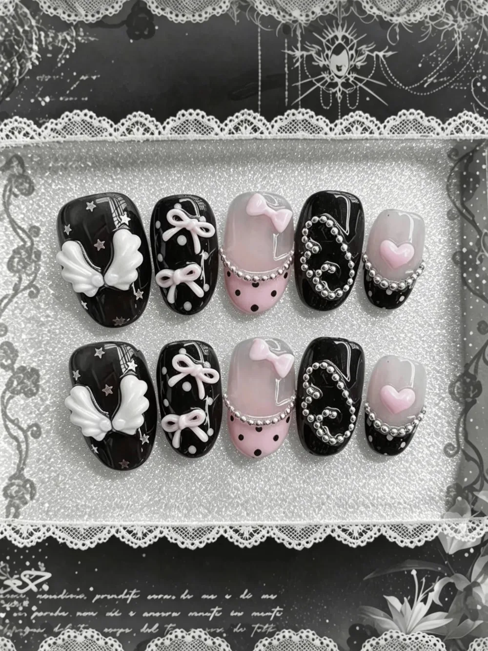 10pcs pure hand pressed short circular nail art, beautiful fake nails, sweet and cool pink bow, suitable for women to use