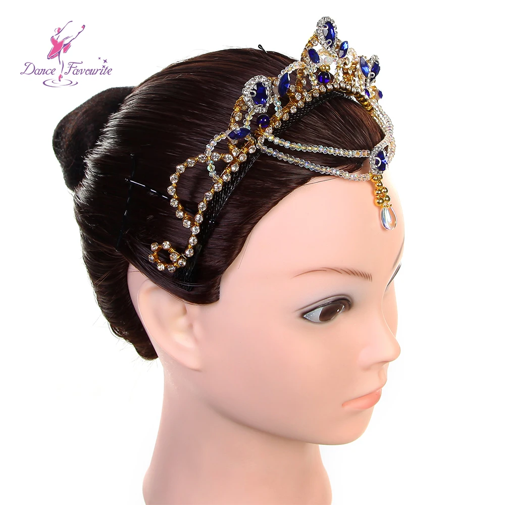 HB051 Gold Sequin Ballet Tiara Hair with Royal Blue Stone Accessories Girls Ballerina Headdress