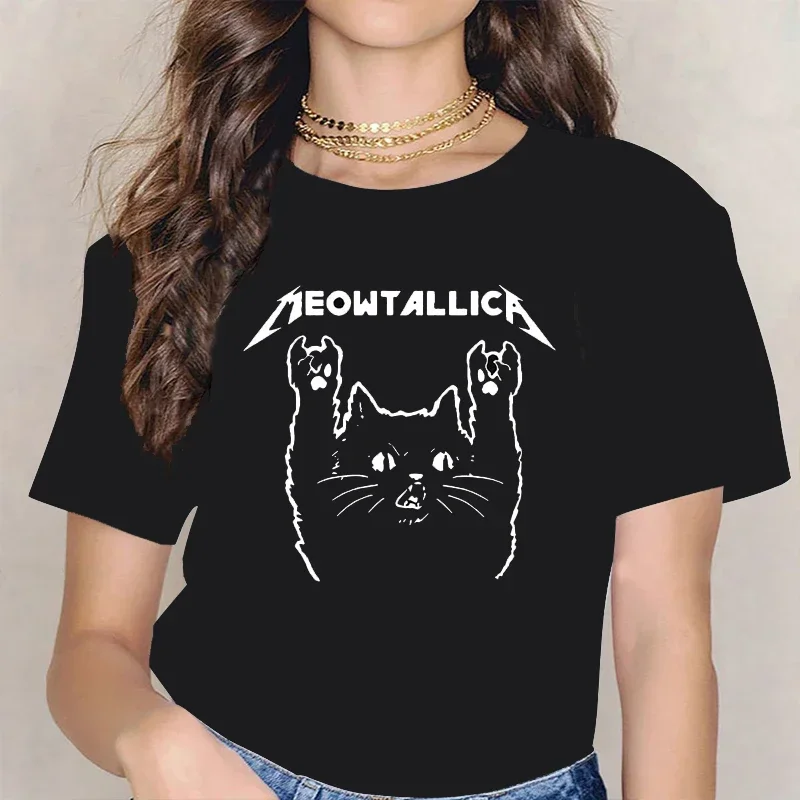 

Funny Cat Meowtallica Cat Rock Music Graphic Print T Shirt Rock Music Vintage Crew Neck Short Sleeve Plus Size T Shirt Women