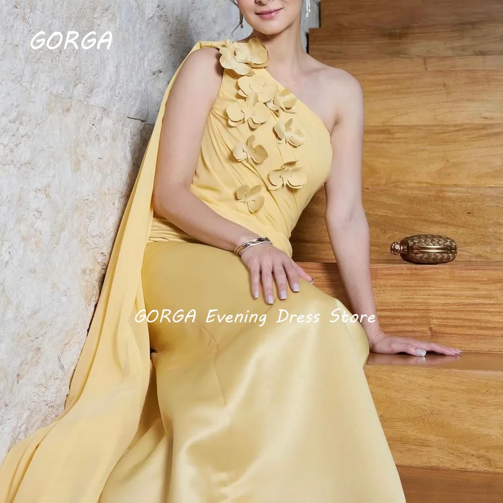 GORGA Yellow Appliques Satin Mermaid 2024 Slim One-Shoulder Appliques Long Sleeve Ocassion Gown Floor-Length Evening Dress