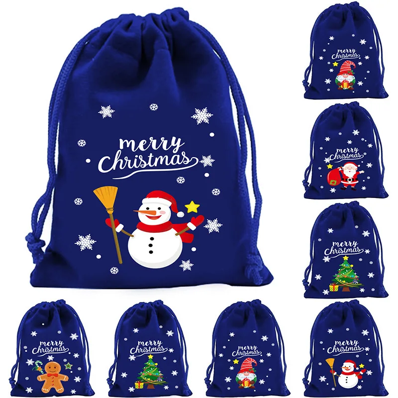 50pcs/lot 10*12cm Red/Blue/Green Christmas Gift Candy Packaging Children's Bags Santa Claus Snowman Velvet Drawstring Pouches