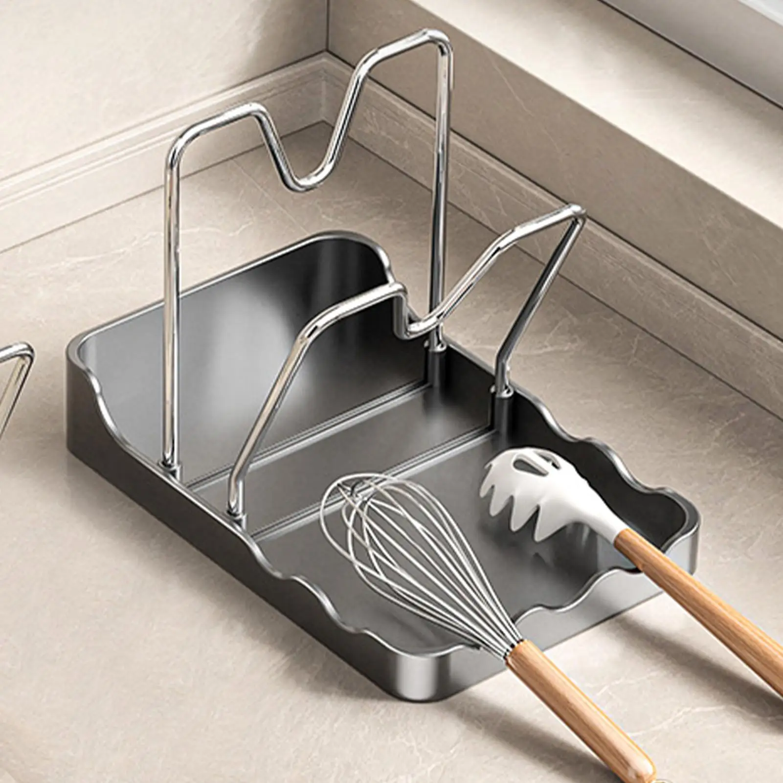 Topfdeckelständer, vertikales Löffel-Trockenregal mit Abtropfschale, Edelstahl-Topfdeckel-Aufbewahrungsregal für Küche, Backen, Kochen, Speisekammer, Theke