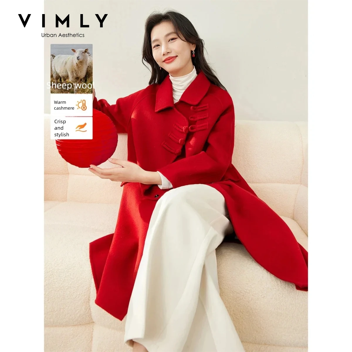 VIMLY Red Double‑faced Wool Coat Women 2026 Winter Warm New Chinese Style Loose-fit Lapel Jackets Fashion Elegant Overcoat 50872