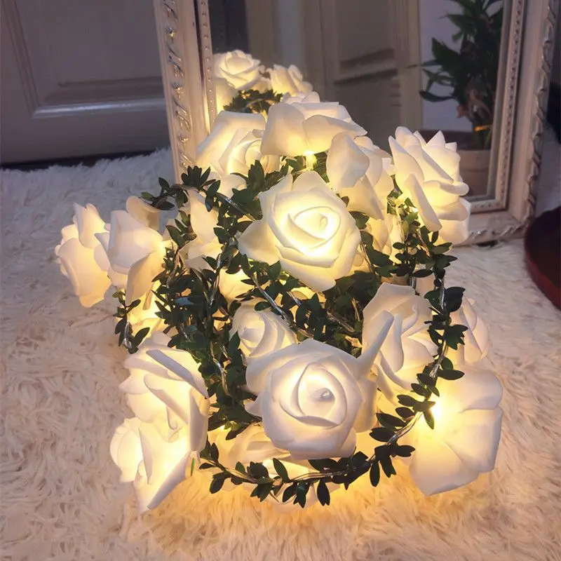 Roses LED Warm Light String Simulation Green Leaves Cane Ambient Lights Garden Christmas Day Decoration Flowers Colored Lights