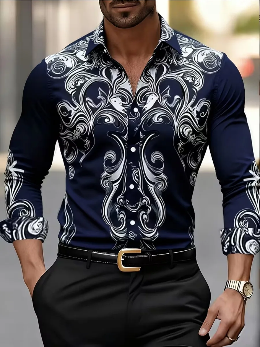 

Мужская осенняя новая рубашка с длинными рукавами и принтом. Мужская модная рубашка с микроэластичным воротником, которую можно носить на улице или внутри.
