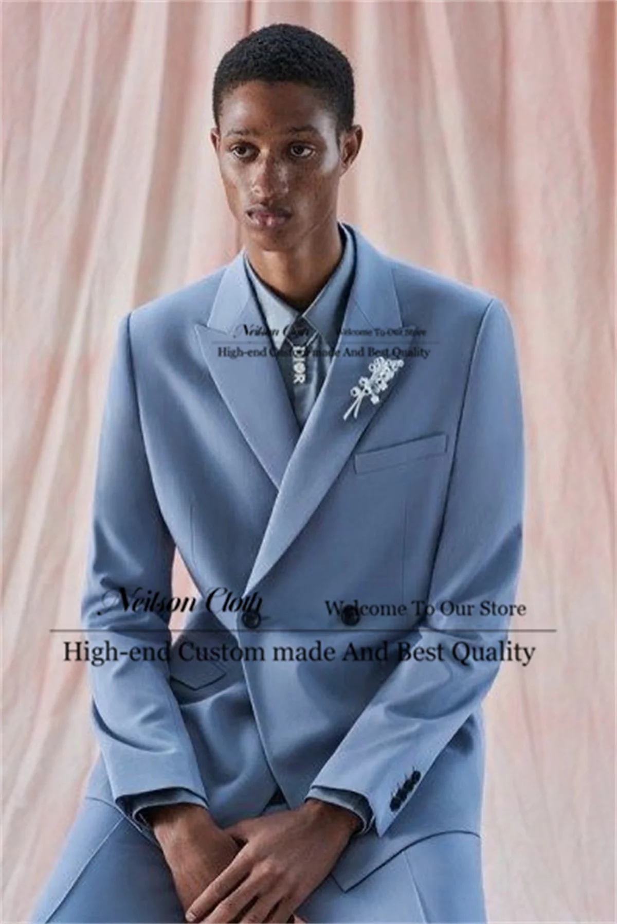 

Light Blue Peaked Lapel Male Prom Blazers 2 Pcs Sets Slim Fit Groom Wedding Tuxedos Double Breasted Customized Terno Masculino