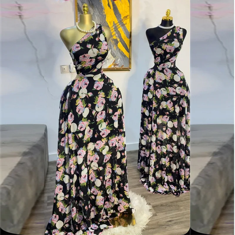 

New sweet and fresh printing diagonal neck high waist thin A-shaped dress fashionable simple and versatile temperament elegant h