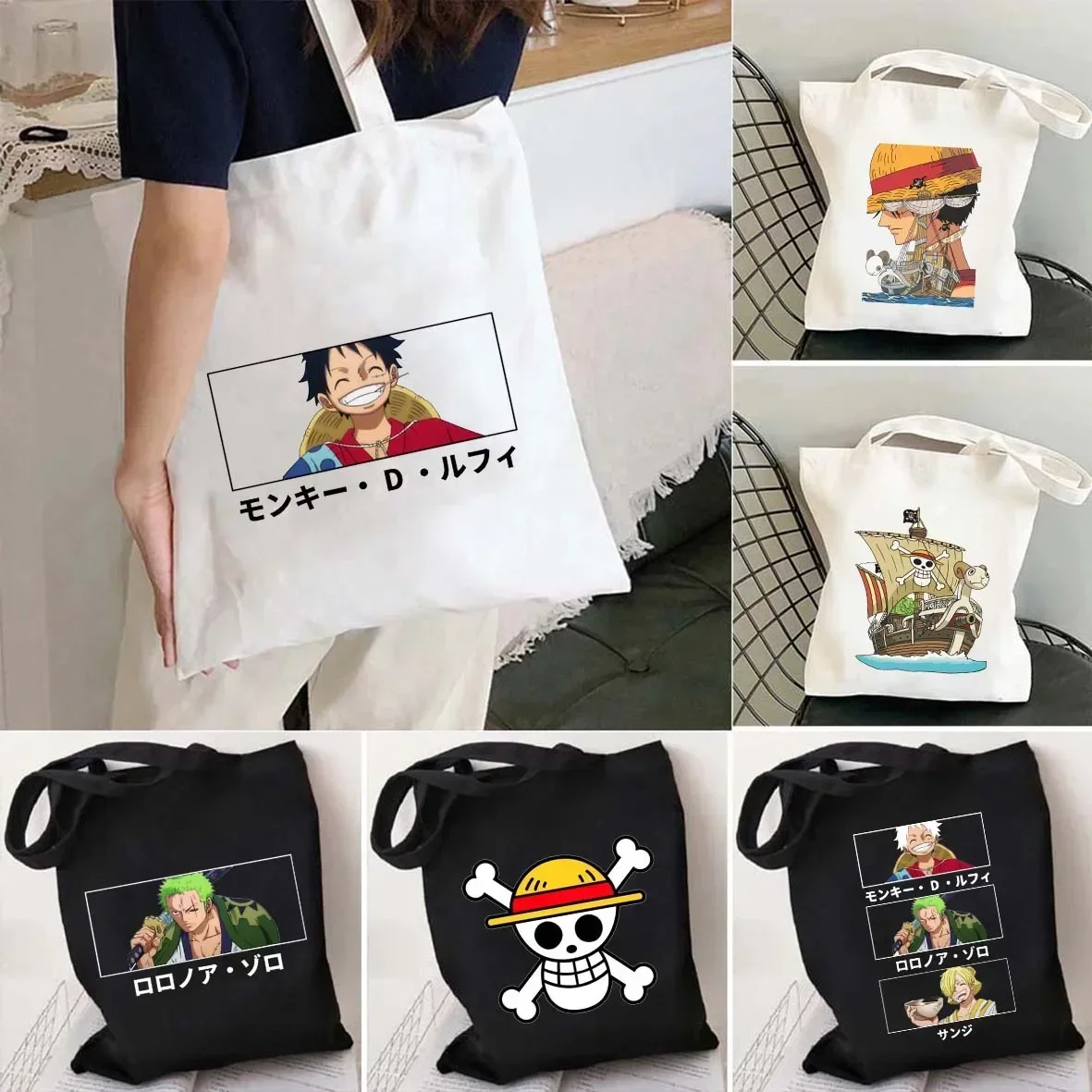 Bolso de lona de una pieza para mujer, bolsa de hombro de algodón reutilizable, Eco Shopper, lindo Anime Monkey D Luffy Roronoa Zoro