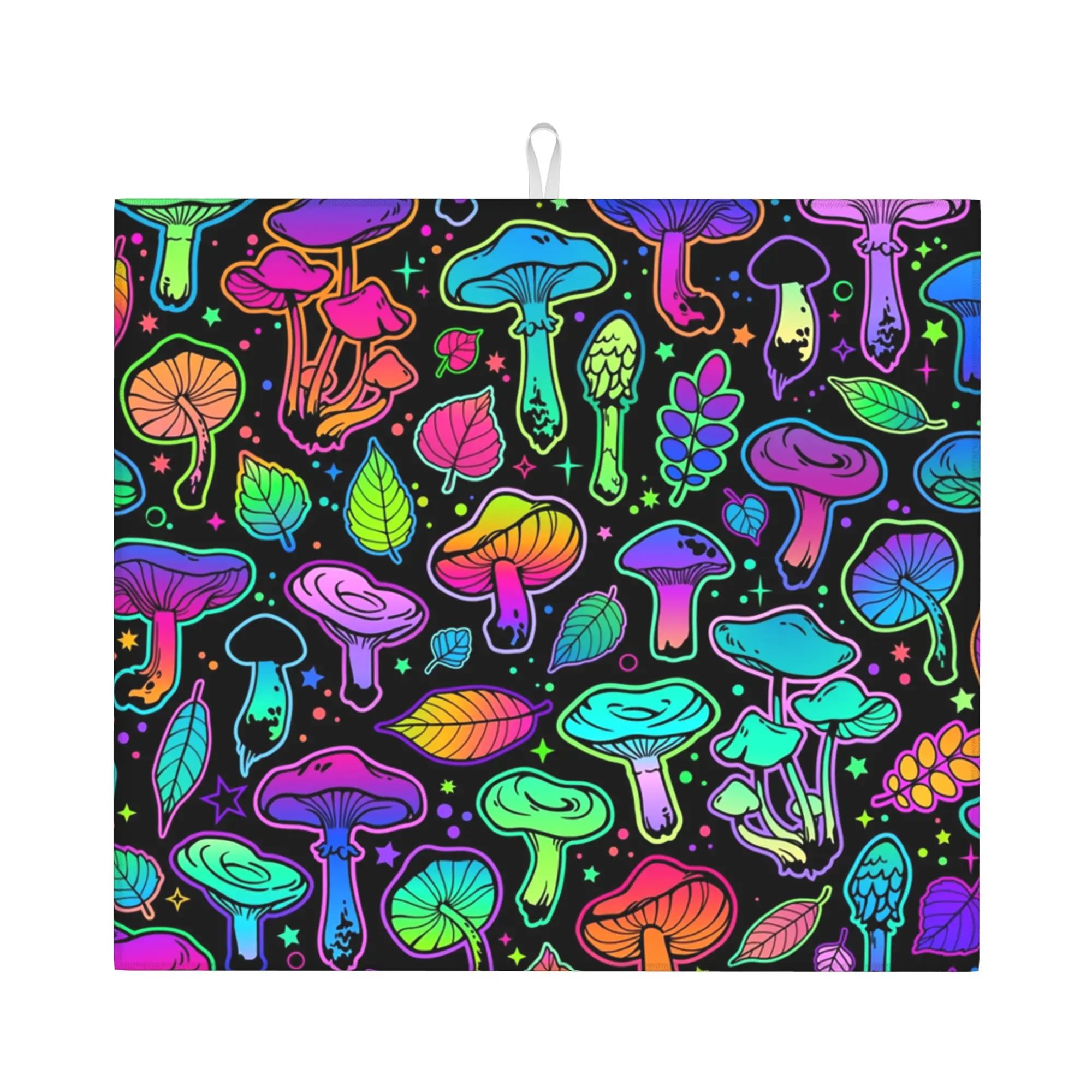 Drying Mat For Kitchen Psychedelic Magic Rainbow Mushrooms Barware Tableware Mysterious Boho Washable Kitchen Sink Drying Pad