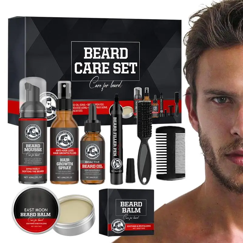 

7pcs Moisturizing Beard Care Set Men Barbe Hair Enhancerbeard Essential Oil Moisturizing Wax Growth Roller Comb Beard Oil