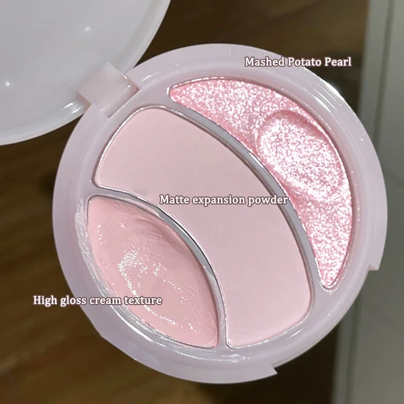 Heallor Mashed Potato Pink Highlighter Cream 3-Color 3D Face Makeup Pearl High Gloss Brightening Moisturizing Cover Concealer Pa