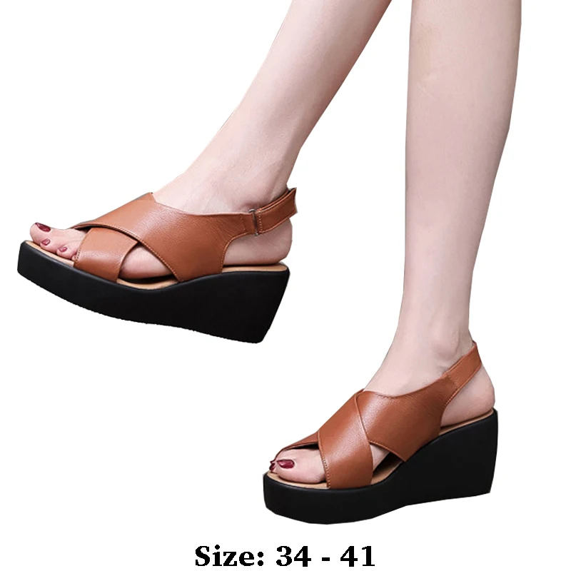 

High quality summer leather wedge sandals for women 6cm mid heel 2025 34 35 platform open toe elegant fashion shoe black brown
