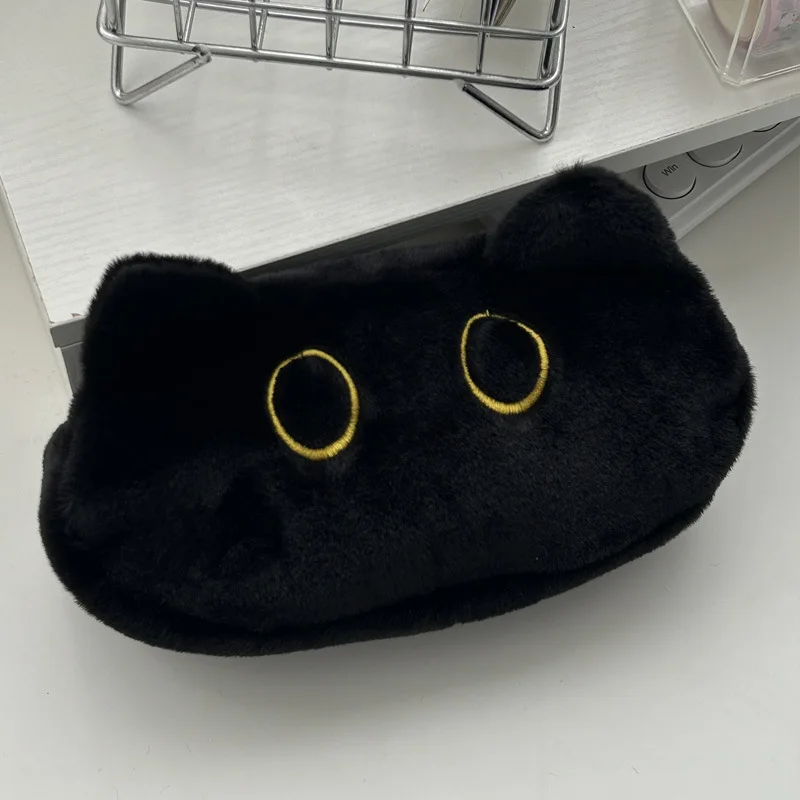 

Lucky Cat Plush Pencil Case - Cute Black Kitty Stationery Bag for Girls, Large Capacity Kawaii School Supplies Organizer
