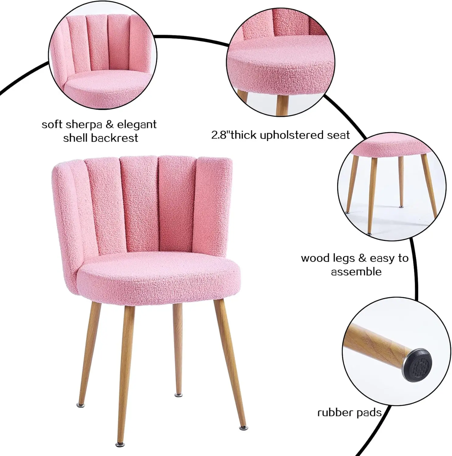 Pink Sherpa Accent Chairs Set of 2, Mid Century Modern Side Chairs for Dining Room Living Room Bedroom Vanity