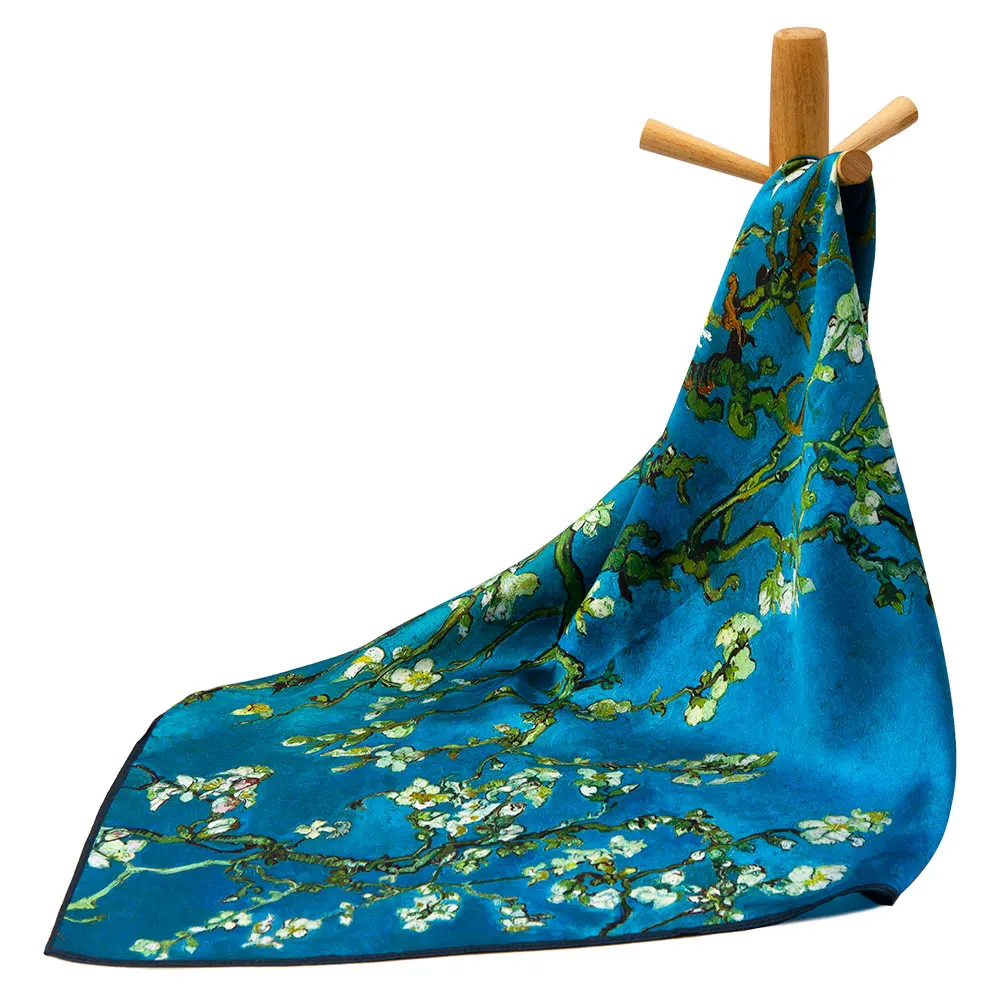 

53cm Pure Silk Bandana Women Hair Scarf Top Almond Blossoms Female Headband Genuine Silk Van Gogh Handkerchief Men Pocket Square