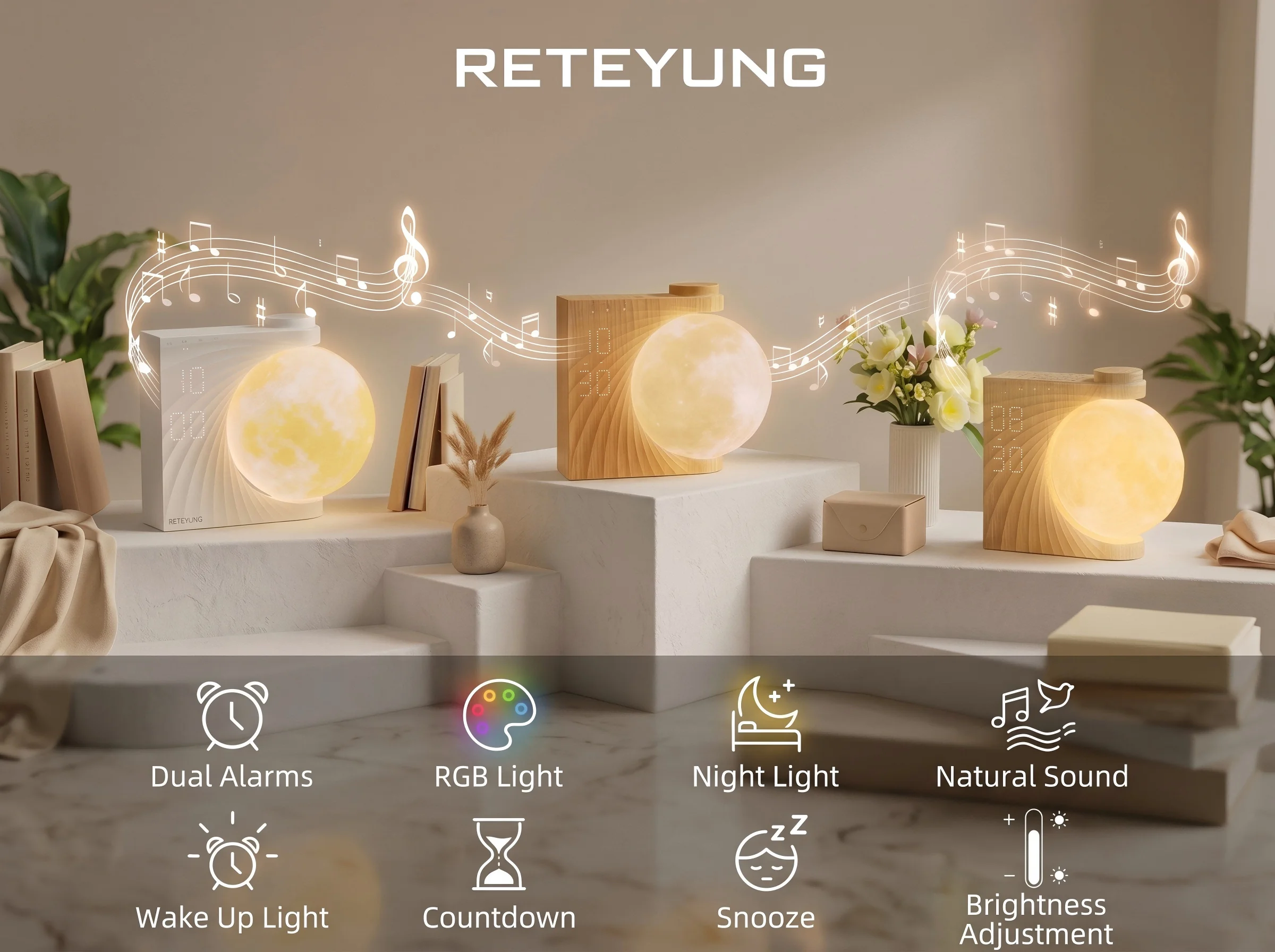 Moon Lamp Night Light Sunrise Alarm Clock Wake Up Light with White Noise Sound Machine, Dual Alarms for Heavy Sleepers, 10 RGB Night Light & Sleep Timer, Wood Grain Desk Clock for Bedroom