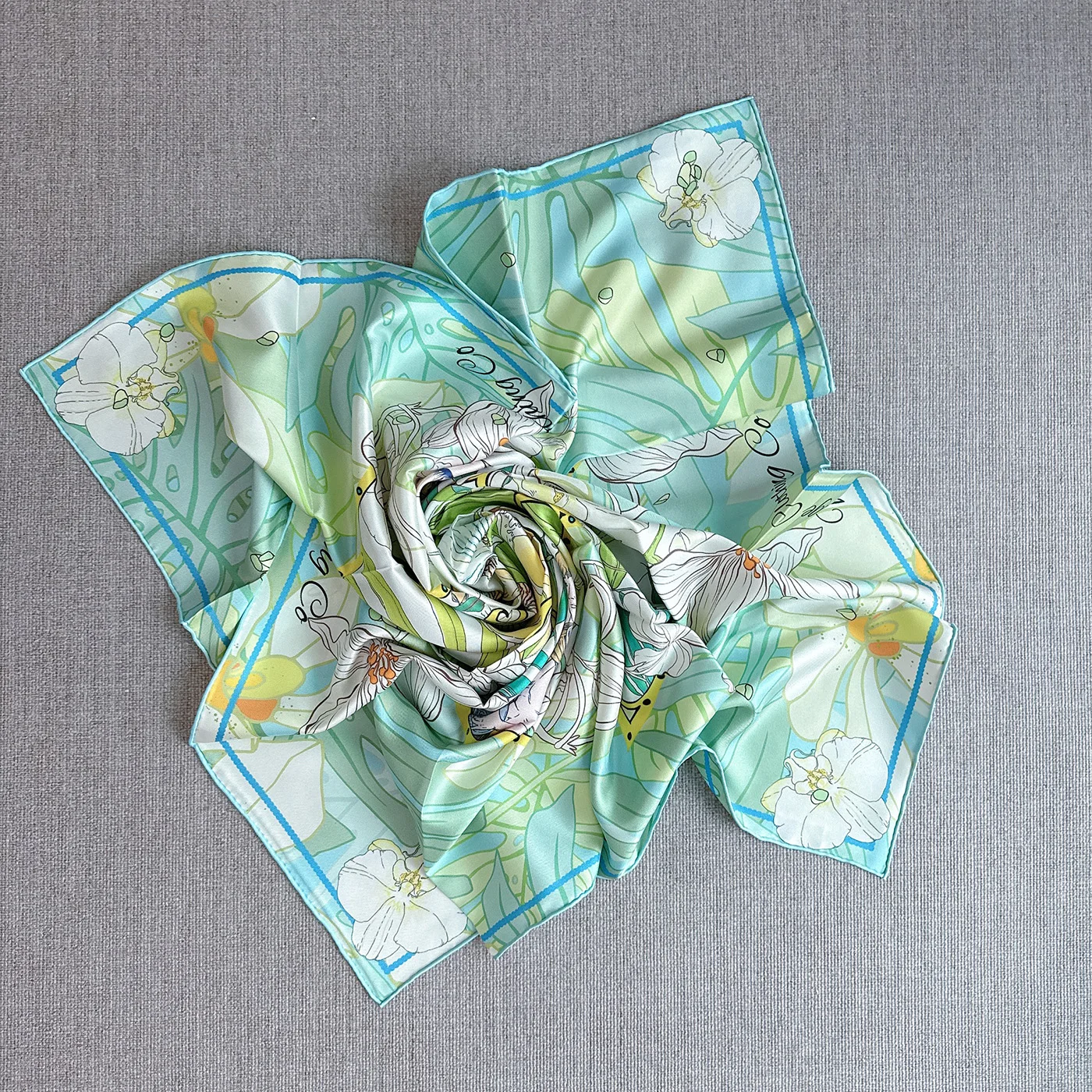 Bufanda verde claro 90/90 diseño de lujo para mujer bufanda de cuello rizado a mano Hijab pañuelo para la cabeza chal con estampado de flores 100 Pro seda