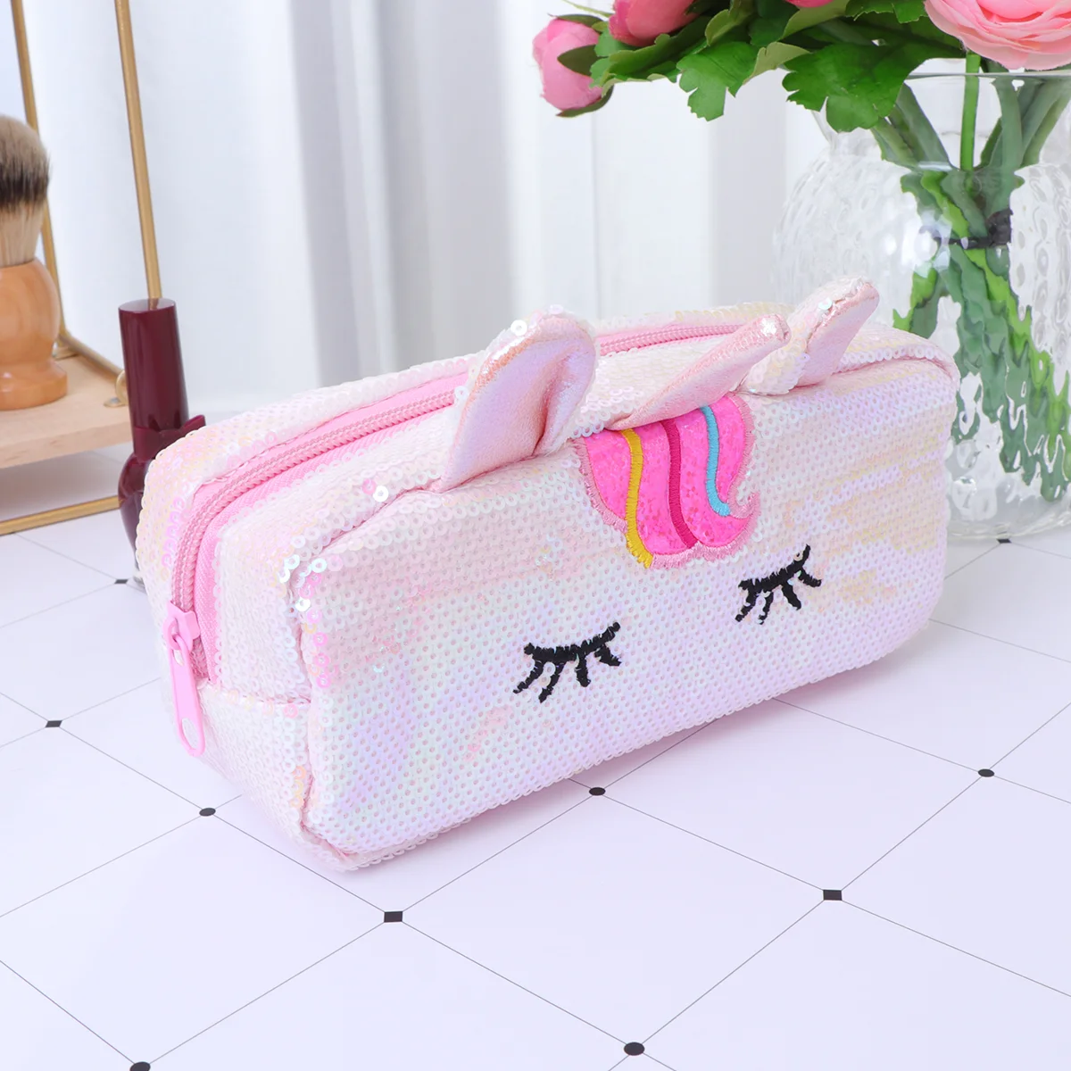 Sequin Design Pencil Bag Storage Case Multifunction Pen Pouch Eco Friendly Zipper Top Fashionable School