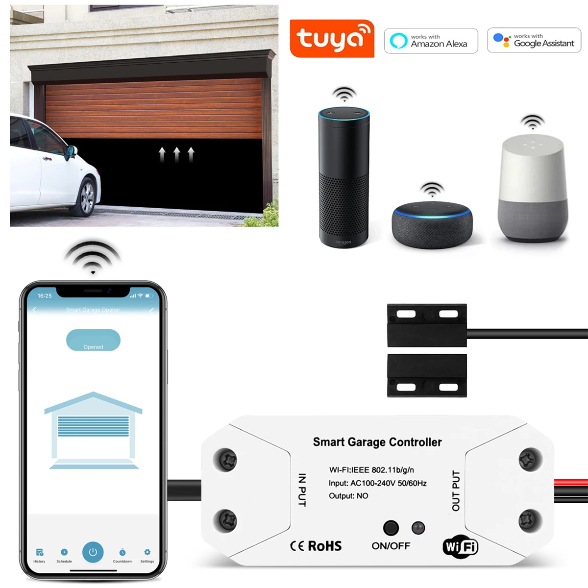 Tuya Universal Garage Door Control Switch WiFi Smart Car Garage Controller Wireless Remote Motorized Opener for Alexa Google ﻿