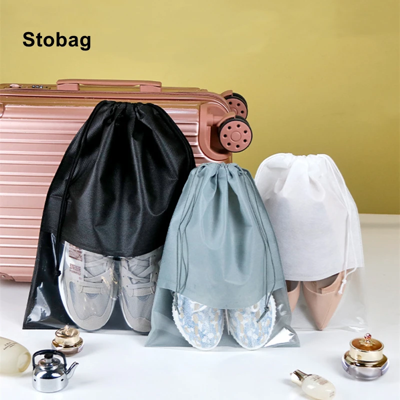 

StoBag 5pcs Shoes Storage Drawstring Bags Non Woven Clear Dustproof Waterproof Packaging Reusable Travel Portable Pouches Logo