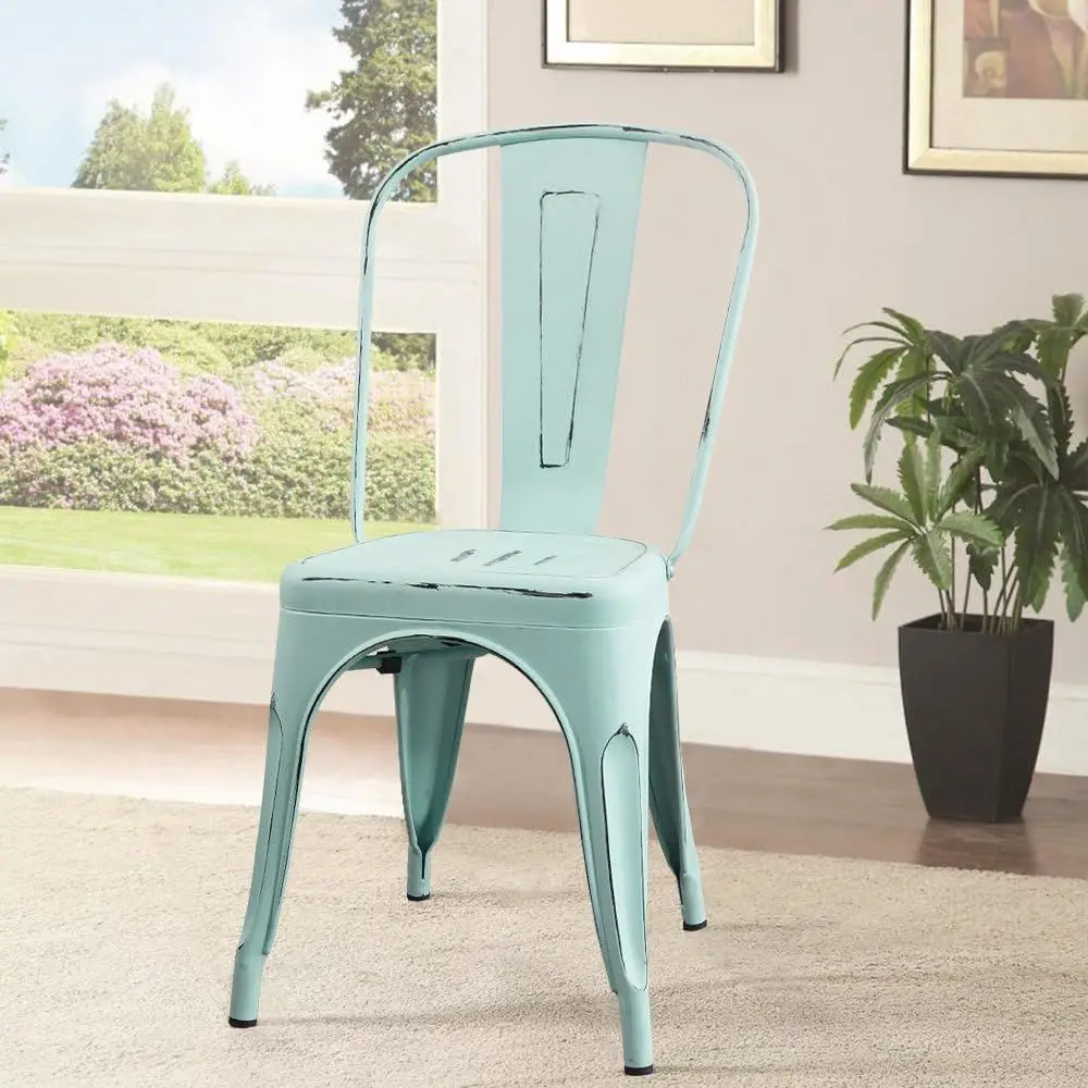 Metal Indoor-Outdoor Chairs Distred Style Kitchen Dining Chairs Stackable Side Chair with Back Set o 4 (Blue)