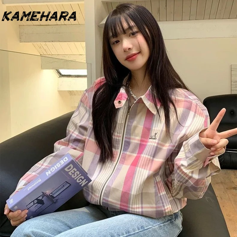 

KAMEHARA Japanese Y2k Plaid Crash Toner Plaid Lapel Coat Women's Autumn New College Style Fashion Retro Baseball Casual Top Y2k