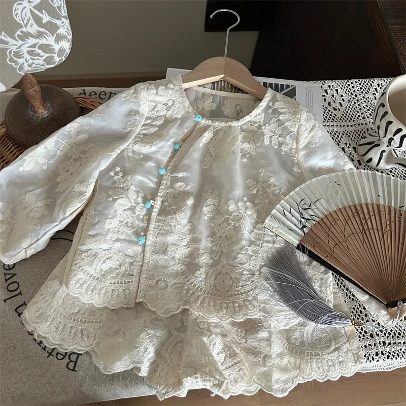 

2025 new autumn embroidered lace set children's western-style clothing two-piece set two pcs Korean children's clothing