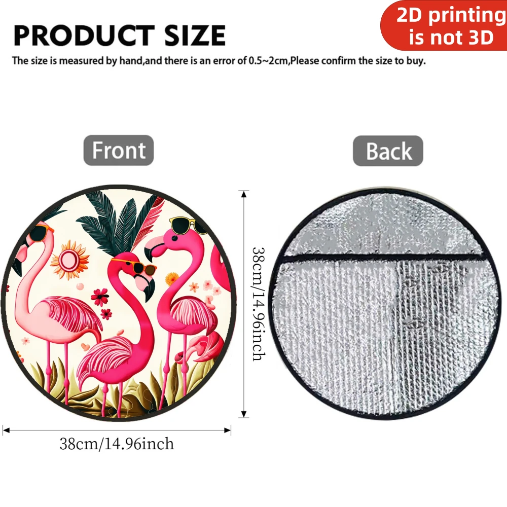 1pc Sunshade Steering Wheel Cover, 2D Flat Printing Pink Flamingos Wearing Sunglasses With Tropical Leaves And Flowers, Sunshade