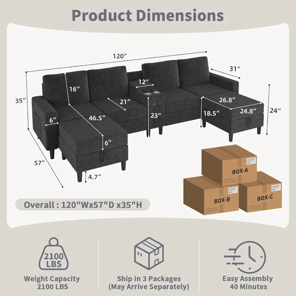 أرائك مقطعية لغرفة المعيشة، وحدة ذكية للأريكة مقسمة مكونة من 6 مقاعد - مكبر صوت بلوتوث/ضوء RGB/محطة شحن، شانيل #2