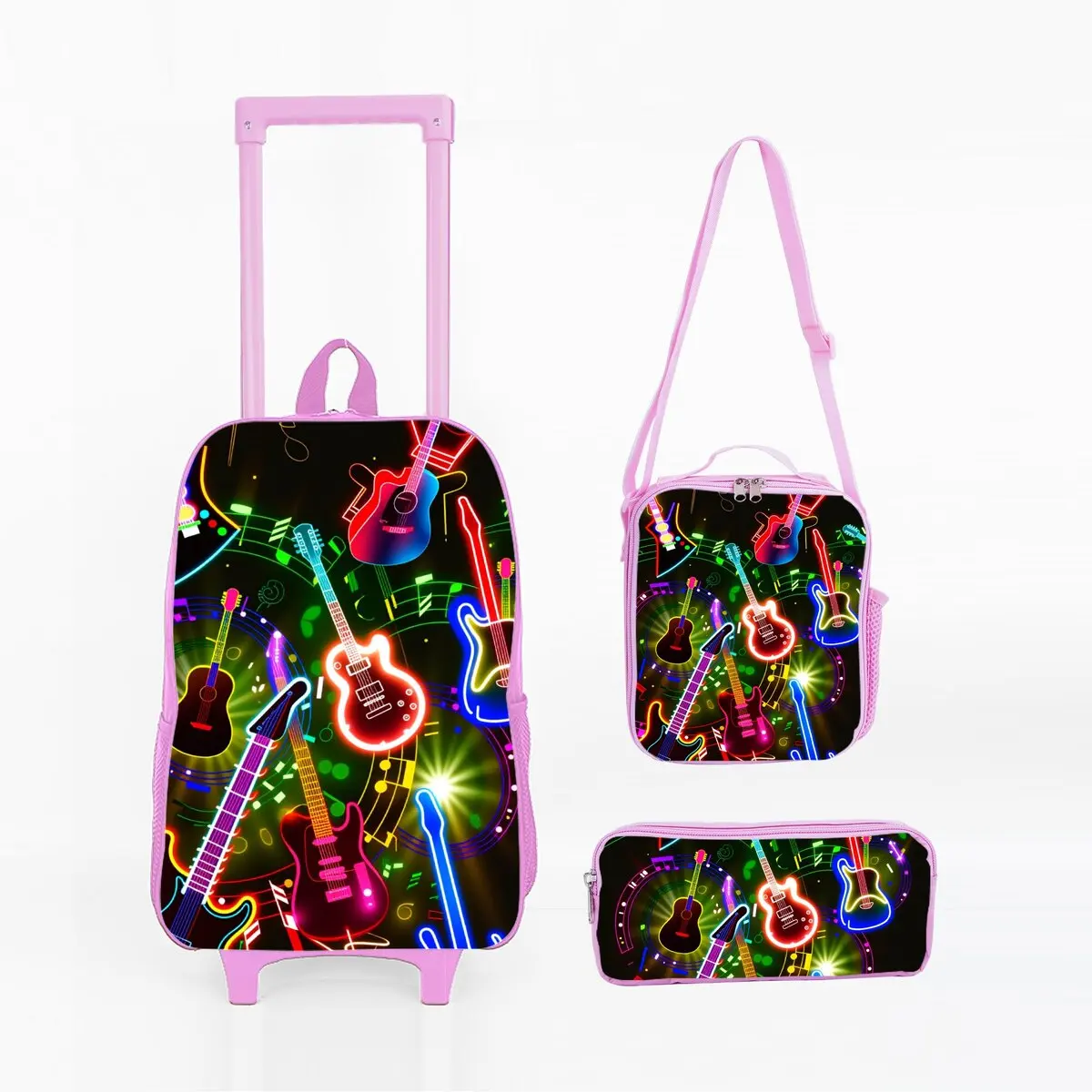 

Детский набор сумок на колесиках с принтом гитары: рюкзак-тележка для школы с ланч-боксом и пеналом на колесиках для девочек/мальчиков