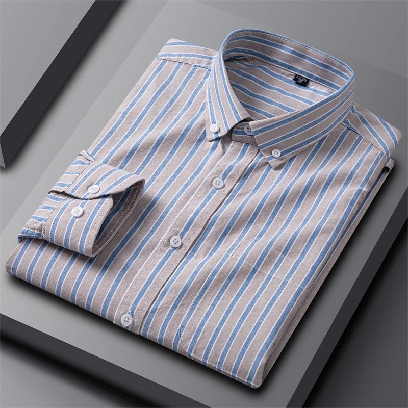 100% Cotton Oxford Men's Shirts Long Sleeves Plaid Soft Regular Fit Formal Dress Shirt Pocket Social Blouse Male Clothes S-7XL