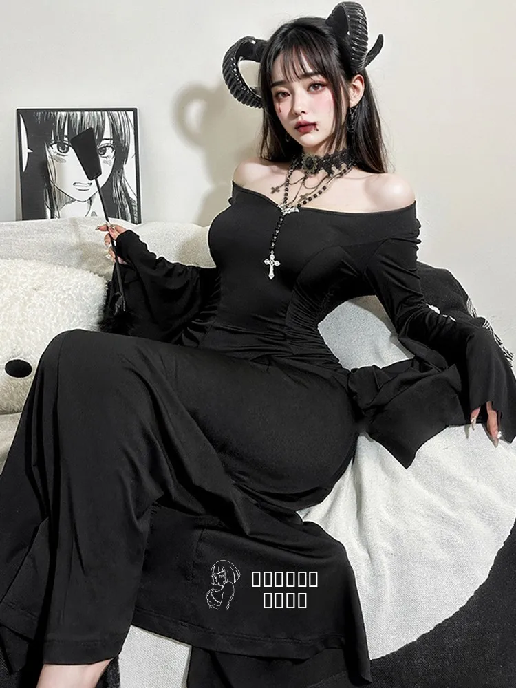 Vestido Gótico Ne de Manga Larga, Ajustado, para loween, Serie Oscura, Falda de Cola de Pez de Cintura Alta, Tela de Po...